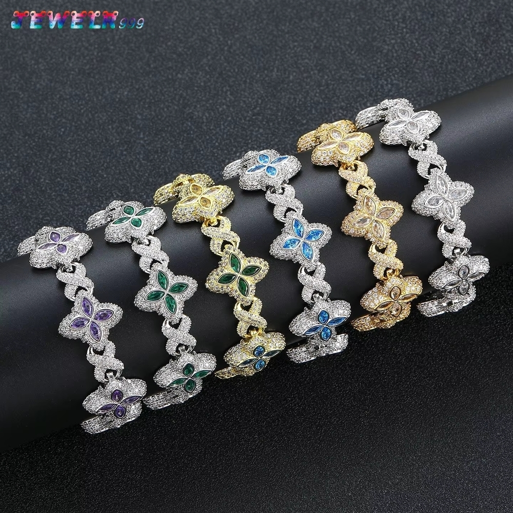 Luxury Colorful Four Leaf Clover Infinity Link Bracelet Iced Out 5A S925 silver Hip Hop Lucky Jewelry for Women Men