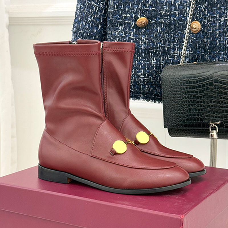Designer Womens Round Head Ankle Boots Classic Loafers Style Wine Red Calf Leather Side Zipper Short Boots Womans Fashion Daily Matching Short Boots