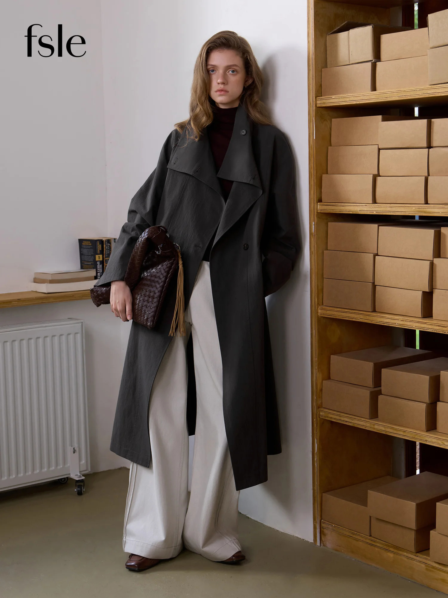 FSLE 2026 Fall Women's Vintage Stand Collar Contrast Plaid Long Lyocell Hemp Trench Coat Sophisticated Office Commute Style 260929