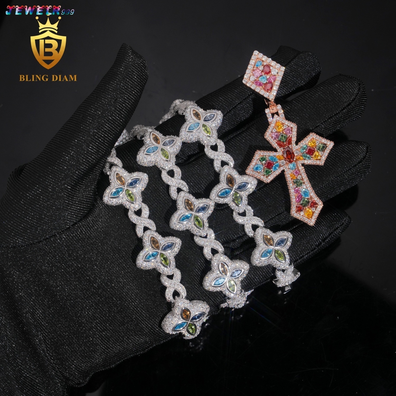 New Arrival Hip Hop Jewelry Cuban Link Four Leaf Clover VVS1 Iced Out Moissanite Diamond 925 Silver Cuban Chain High Quality