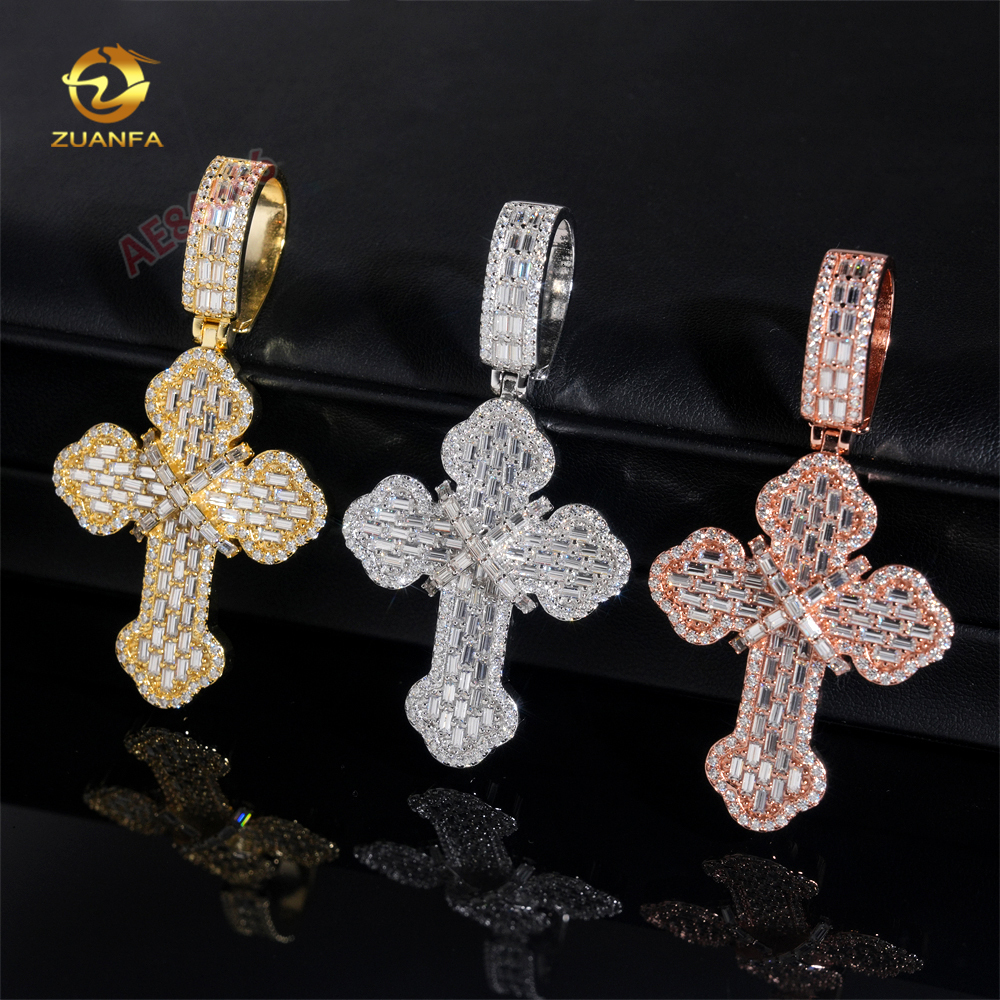 Luxury Baguette Cut D Color VVS Moissanite Iced Out Cross Pendant 925 Sterling Silver Hip Hop Statement Jewelry Cross Pendant With Rope Chain For Me