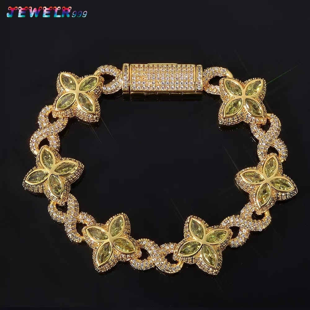 Vintage S925 silver Four Leaf Flower Clover Bracelet Chain Micro Pave Moissanite Hip Hop Iced Out Cuban Chain Jewelry for Women Men