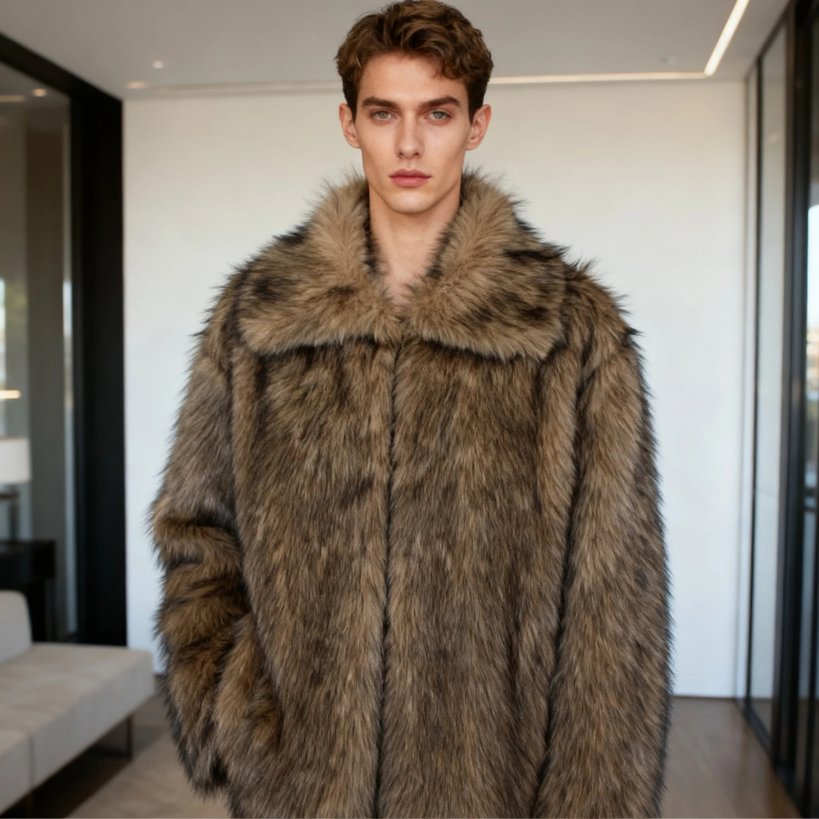 Men Faux Fur Coats Jackets Turn Down Collar Short Coat Punk Thick Y2k Gothic Jacket Work Casual Outerwear 2025 Autumn Winter 261008
