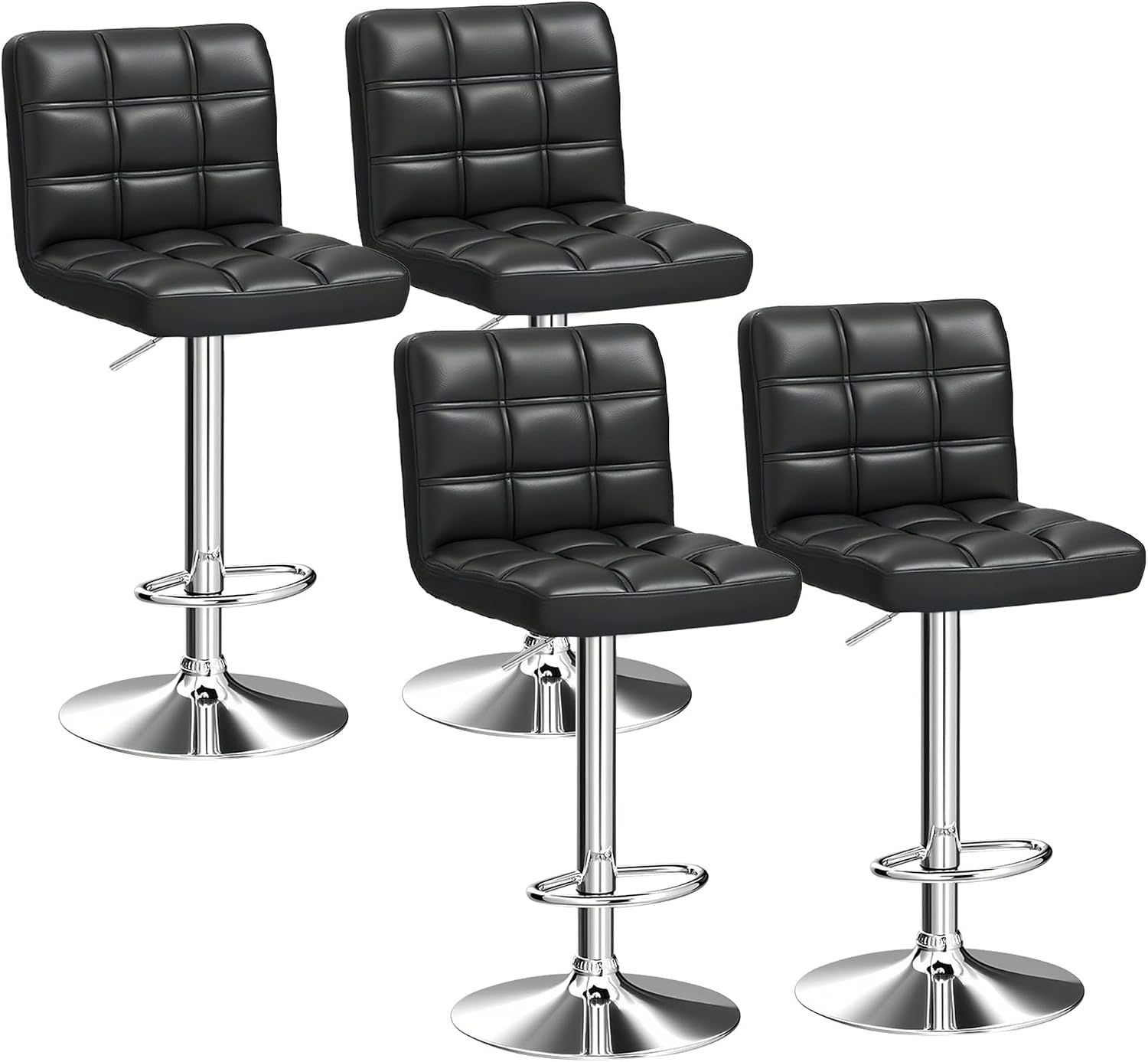 Set of 4 Adjustable Swivel Barstools, Modern PU Leather Kitchen Counter Bar Stools, Square Back Bar Stool