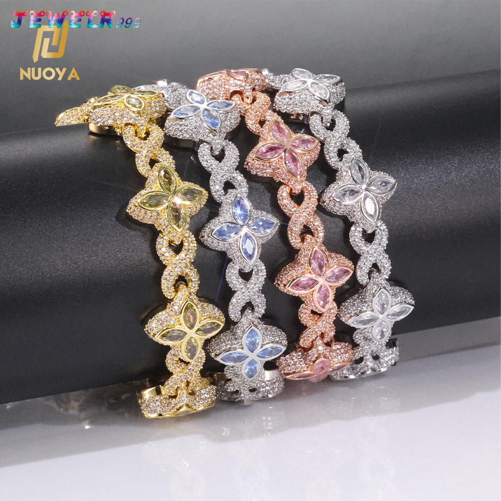 NUOYA Iced Out Hip Hop Jewelry 8mm Diamond Flower Chain Four Leaf Clover Bracelet Silver Cubic Gift for Anniversary Party