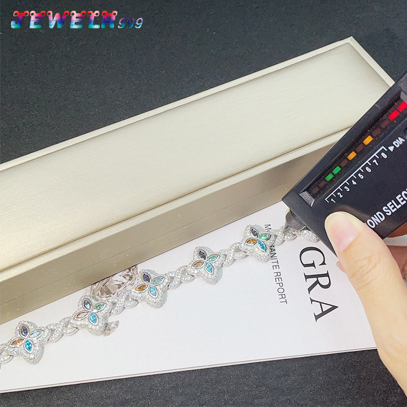 12mm Fancy Colors Moissanite Bracelet Fashion Eye Clover Design 925 Silver Diamond Hip Hop Style for Women Men Fine Jewelry