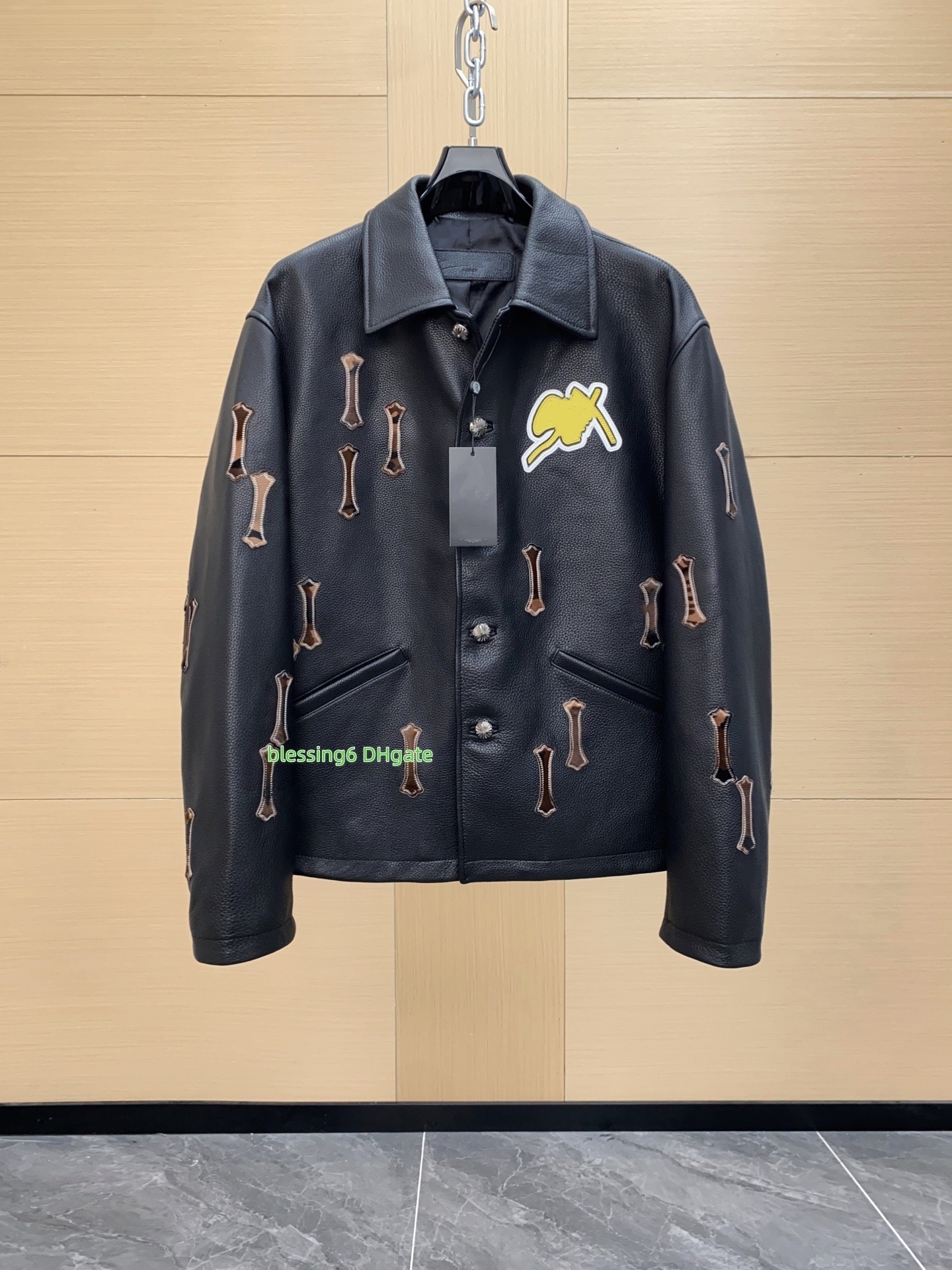 Designer men's leather jacket cowhide jacket leather jacket street wear cross patch decoration jacket loose fit neutral casual leather coat aut