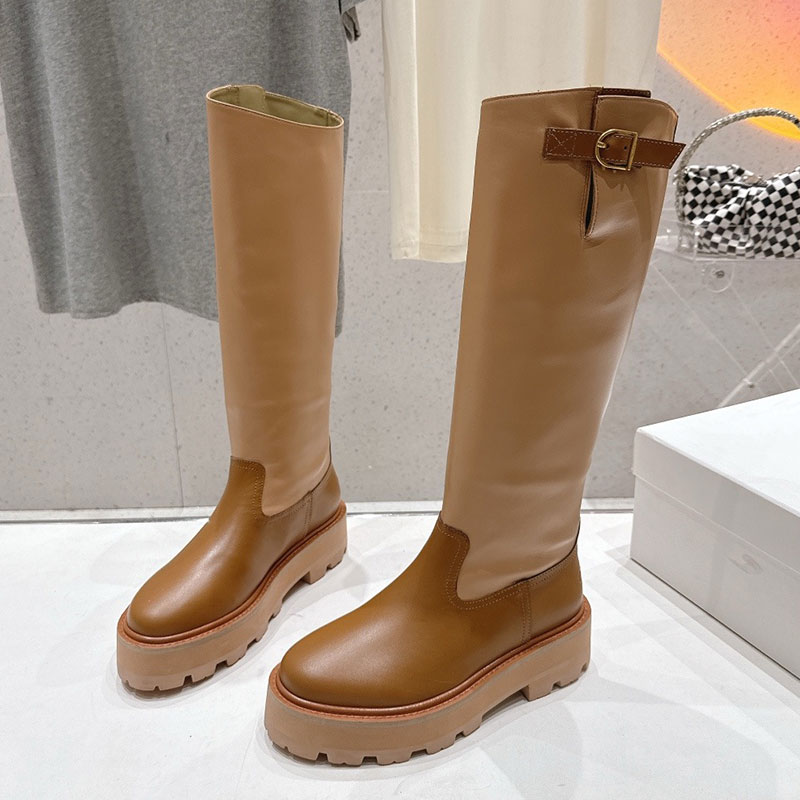 Ladies Middle Tube Knee Boots Womens Adjustable Knight Boot Designer Patchwork Fashion Boots Sheepskin Lining Platform Heel Classic Item Snow Boots