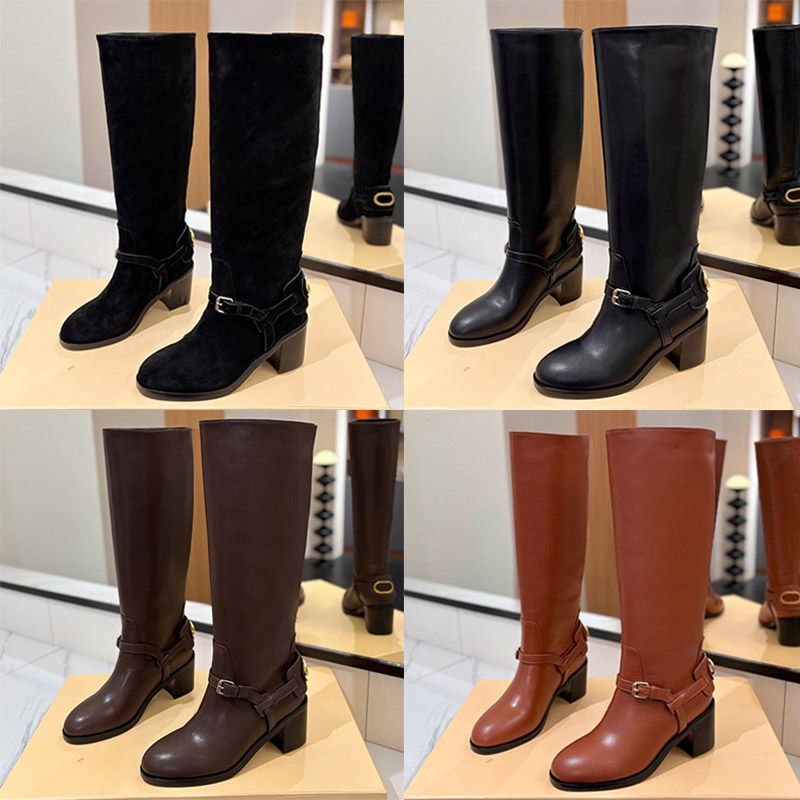 Botas altas con correa con hebilla de metal Cuero suave y cómodo Altura del eje de la bota de 39 cm Botas hasta la rodilla de piel de becerro distin