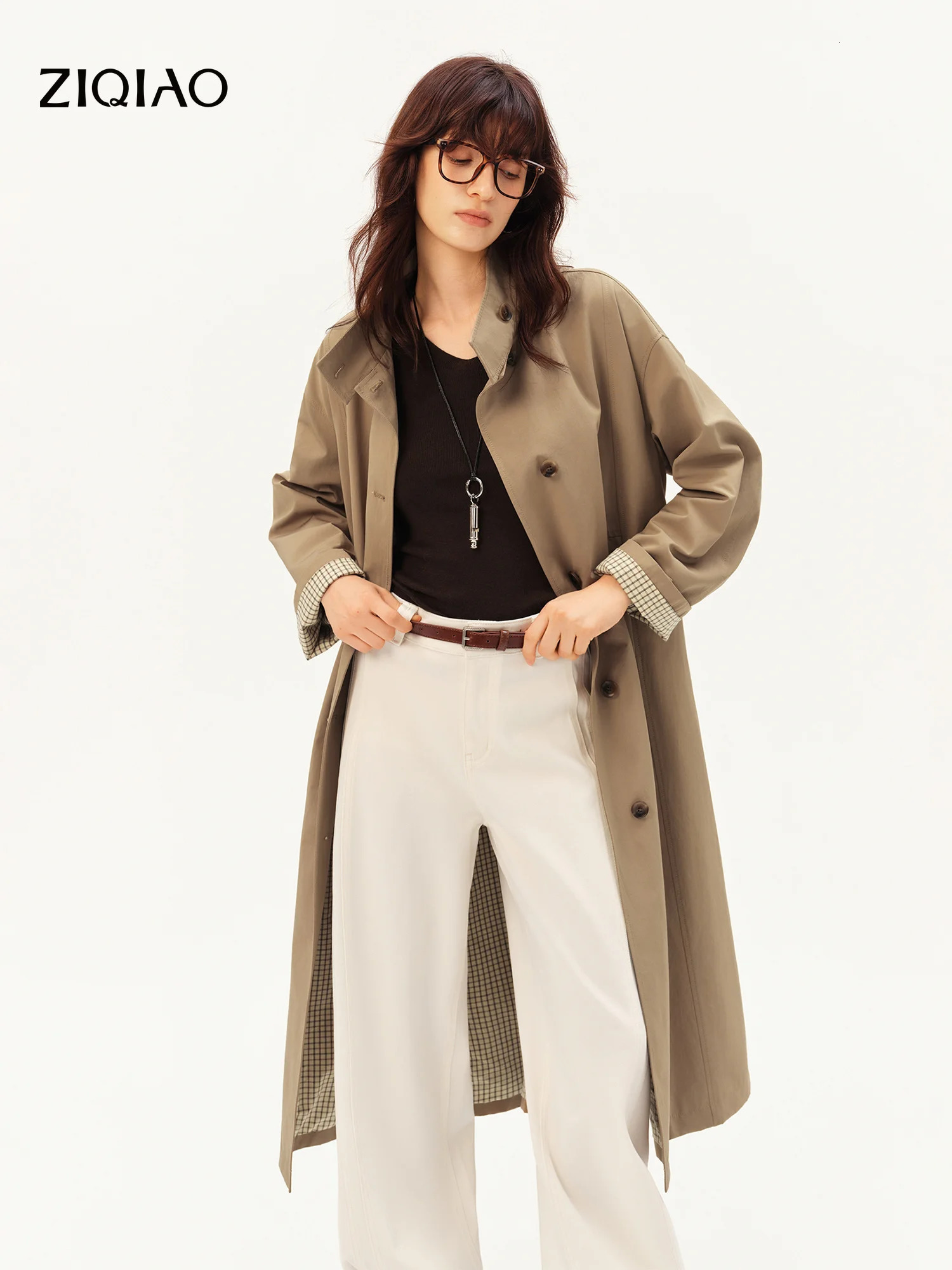 ZIQIAO 2026 Fall Women's Stand Collar SingleBreasted Car Coat Clean HLine Belted Trench for Intellectual Office Style 260929