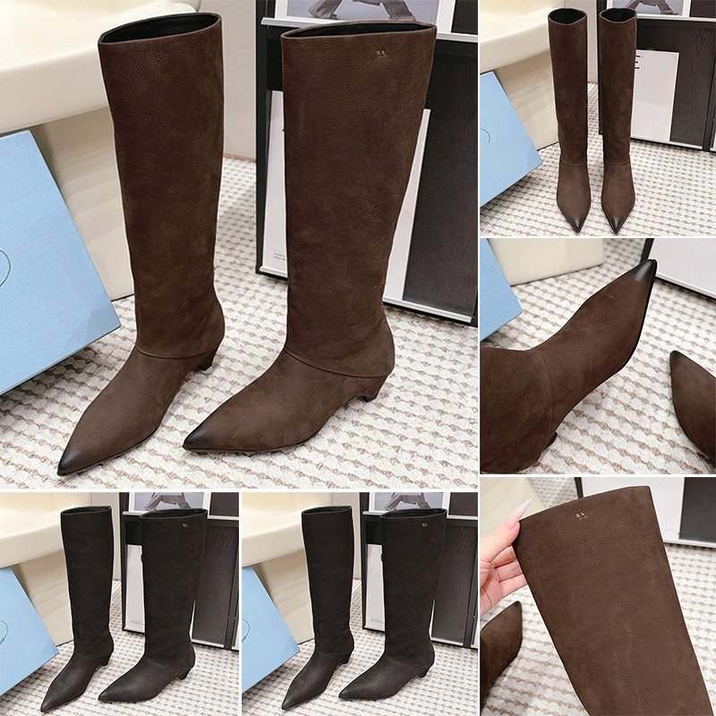 Designer Winter New Womens Pointed Toe Mid Calf Boots Kitten Heel Slip On Solid Color Elegant Mid Height Boots Top Quality Nubuck Sexy Fashion Style
