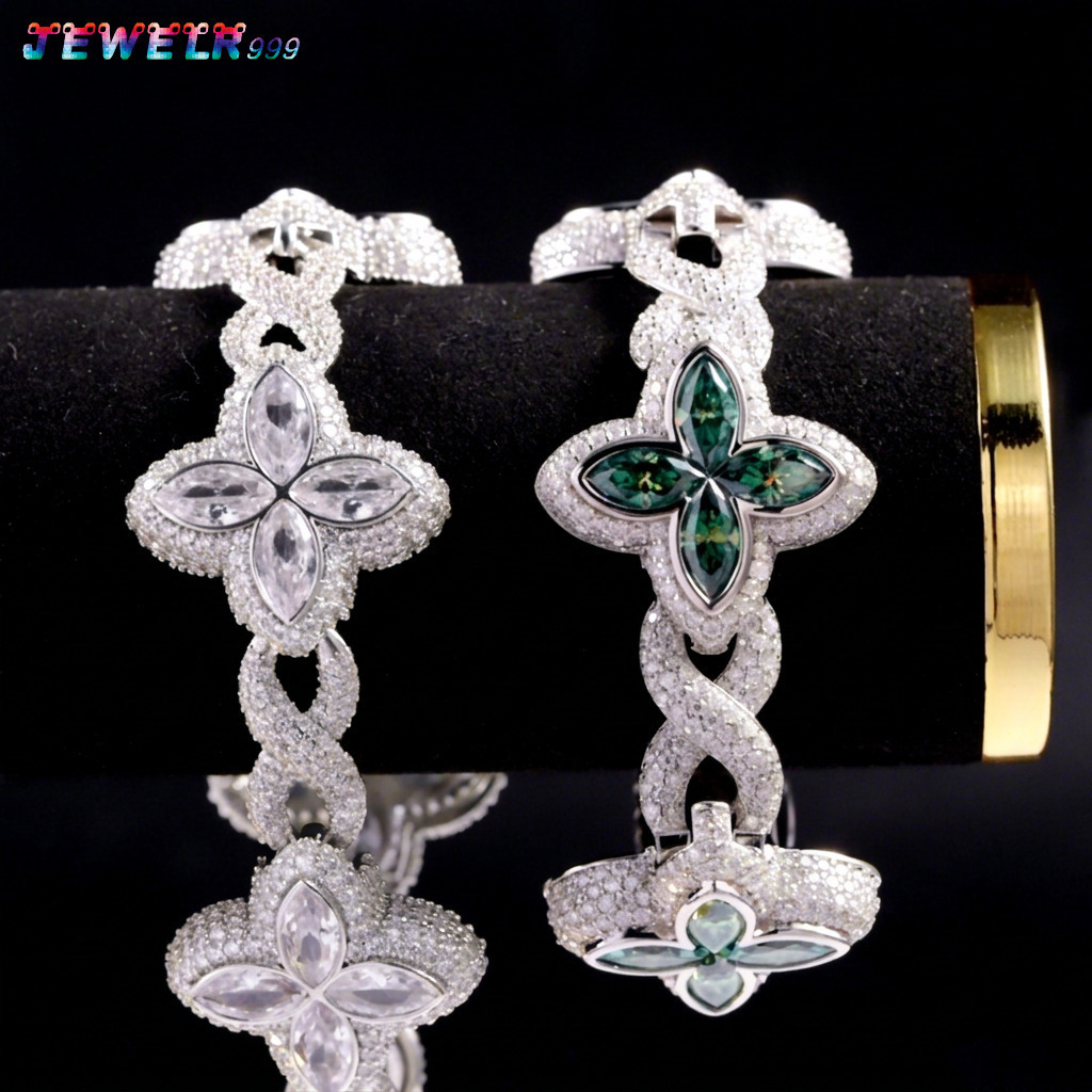 New Design 12mm Moissanite Bracelet Four Leaf Clover Hip Hop Bracelet 925 Sterling Silver Green Moissanite Cuban Bracelet