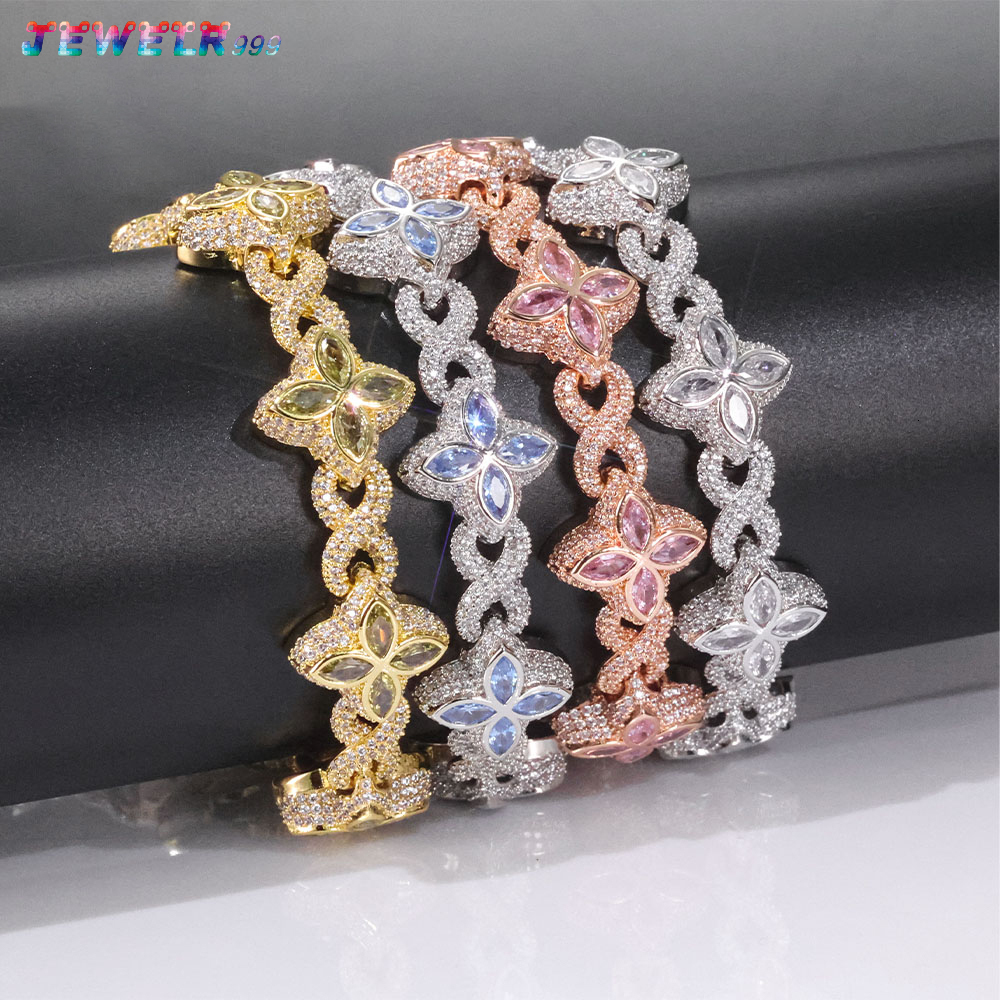 Mlluki Silver Iced Out Hip Hop Jewelry 8mm Diamond Flower Chain Four Leaf Clover Bracelet Cubic Anniversary Party Gift