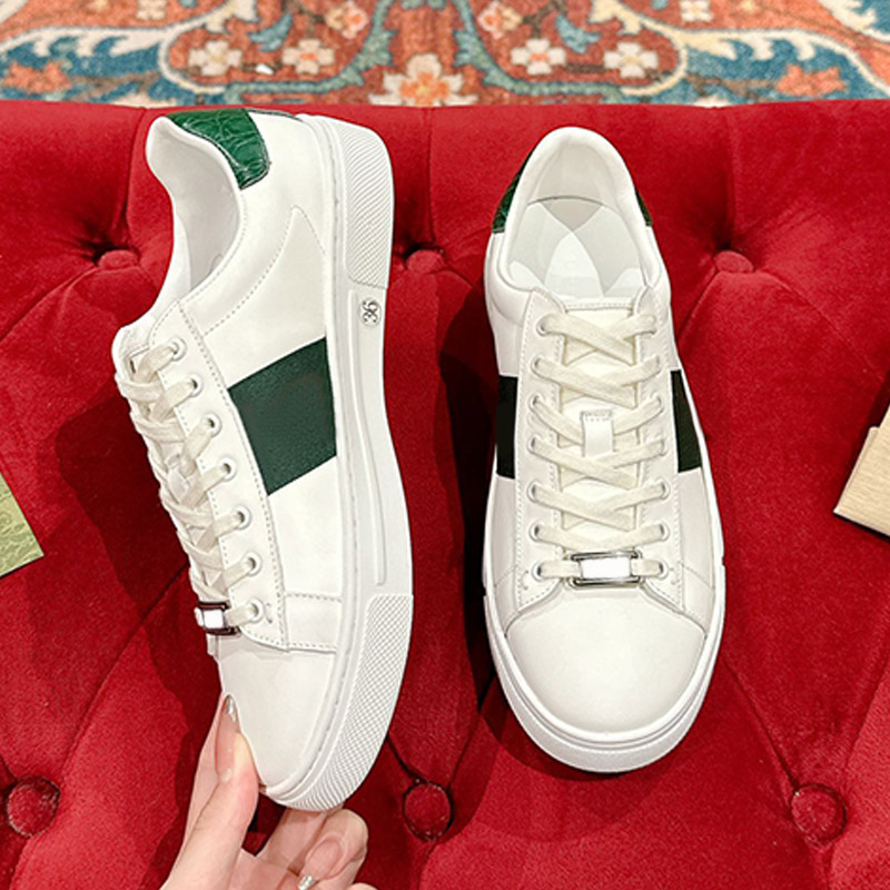 Unisex Leather Lace Up Shoes Womens Ace Sneaker Unique Design High Quality Ribbon Decoration Side Flat Bottomed Non Slip Walking Shoes