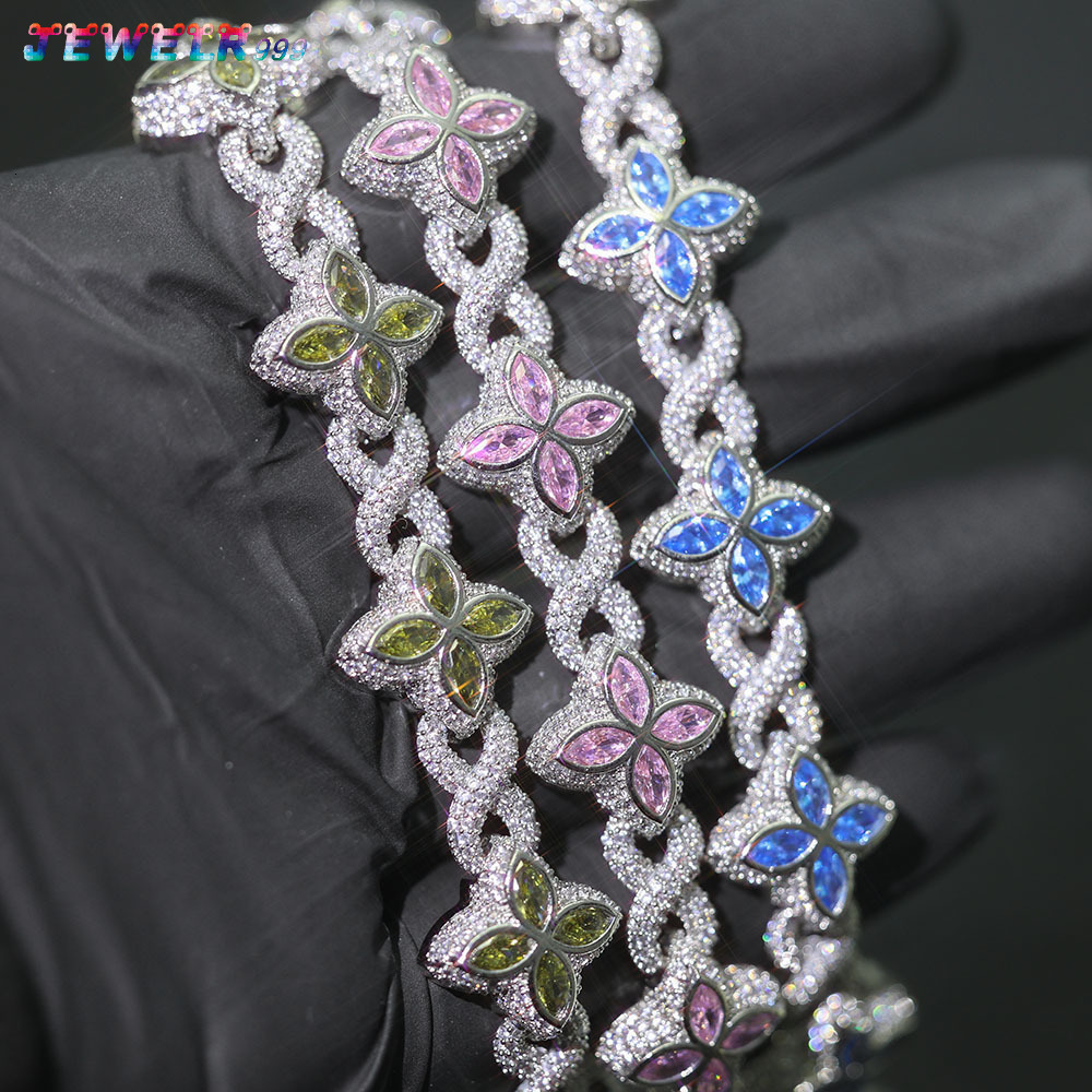 Fashion New Arrival Hip Hop 5A Cuban Chain Gold Platinum Rose Gold Clover Bracelet Necklace S925 silver Iced Out Flower for Men