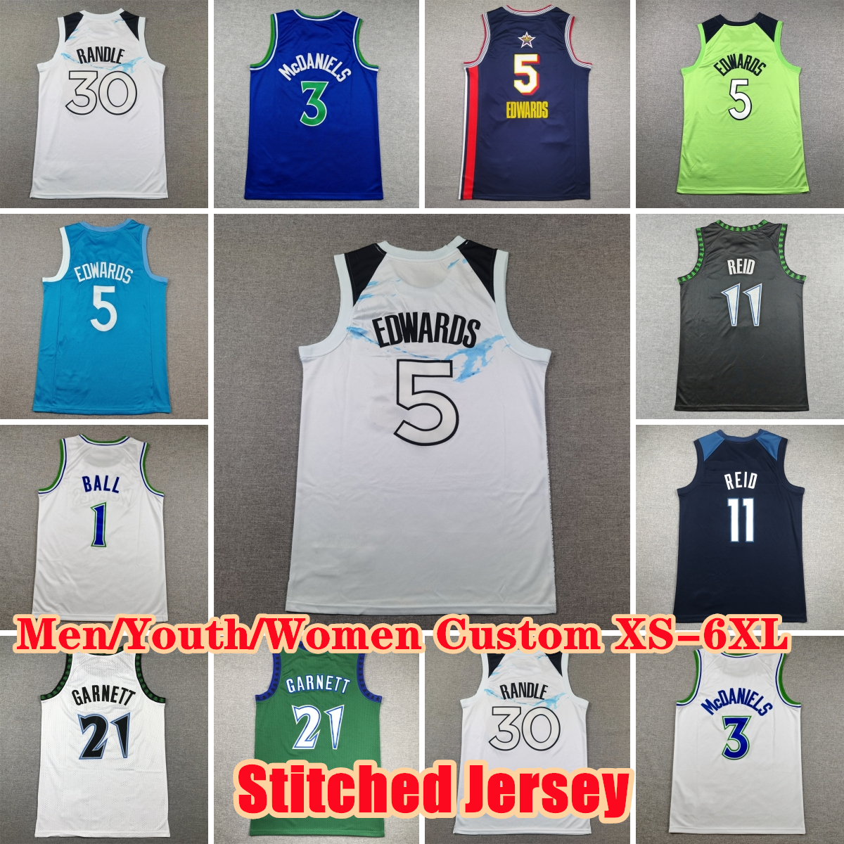 Custom Stitched XS-6XL 2026-27 New Season Baseball Jerseys 5 Edwards 1 LaMelo Ball 3 Jaden McDaniels 21 Garnett 11 Naz Reid 30 Julius Randle