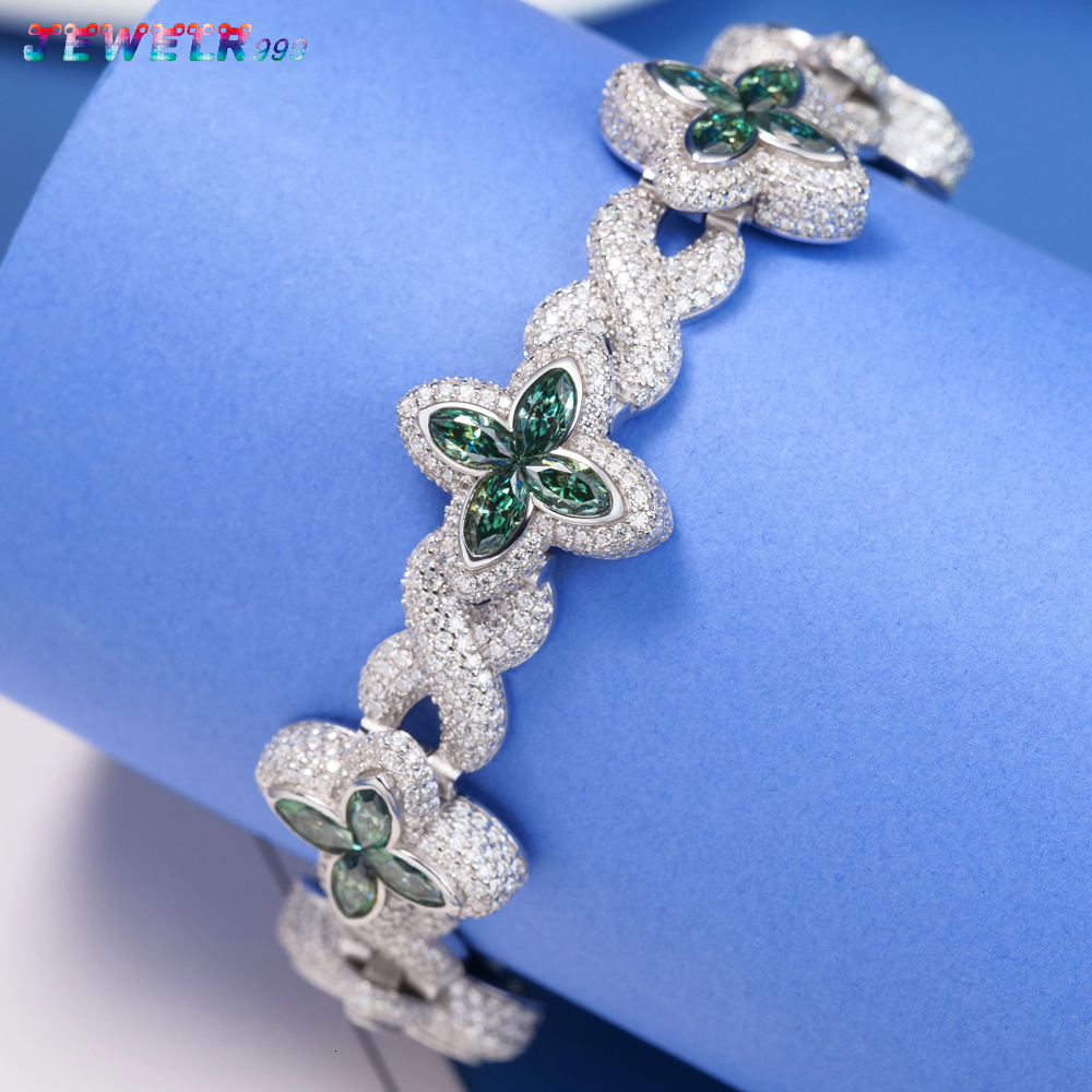 Stock Whoselase S925 Silver Mossanite Cuban Clover Bracelet VVS D Green Moissanite Diamond Iced Out White Gold Plated Unisex