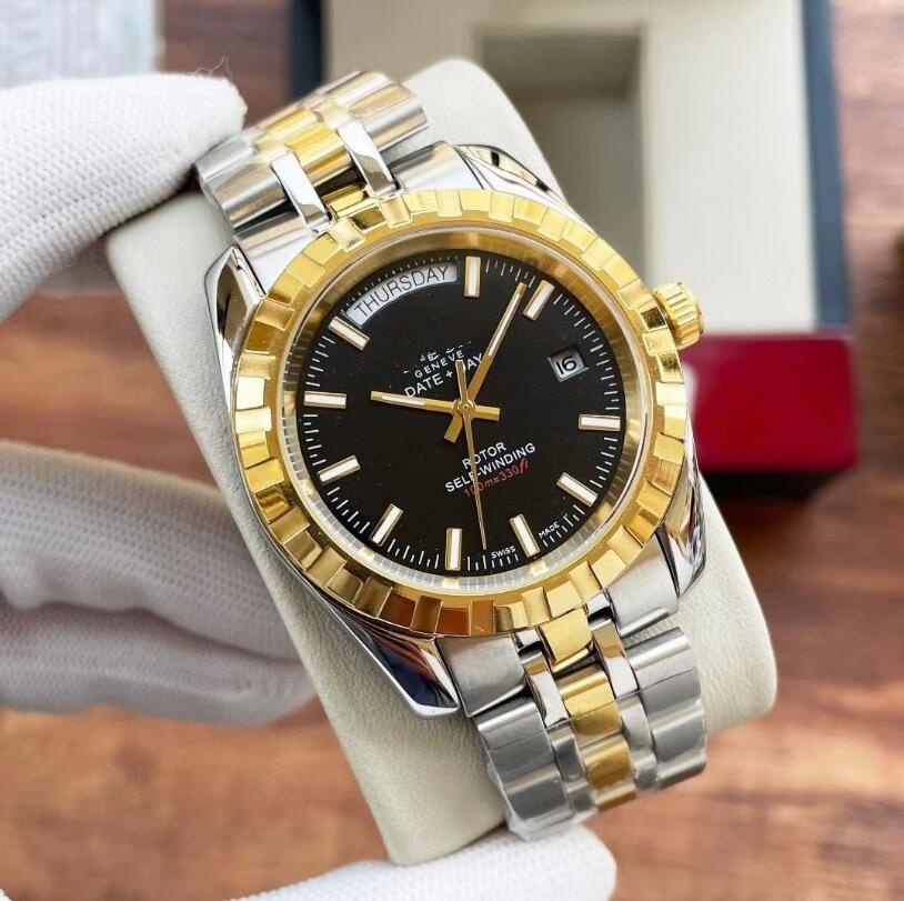Men's TR automatic mechanical watch, week calendar dual display, 40mm diameter gear bezel, woven textured dial, automatic winding business luxu