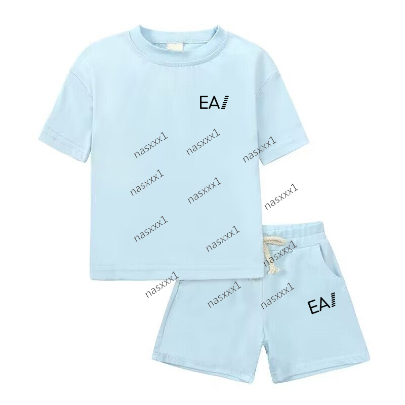 Enfants 100% coton bleu T-shirt été deux pièces vêtements à manches courtes top shorts garçon fille décontracté lettre imprimer sport jogging man