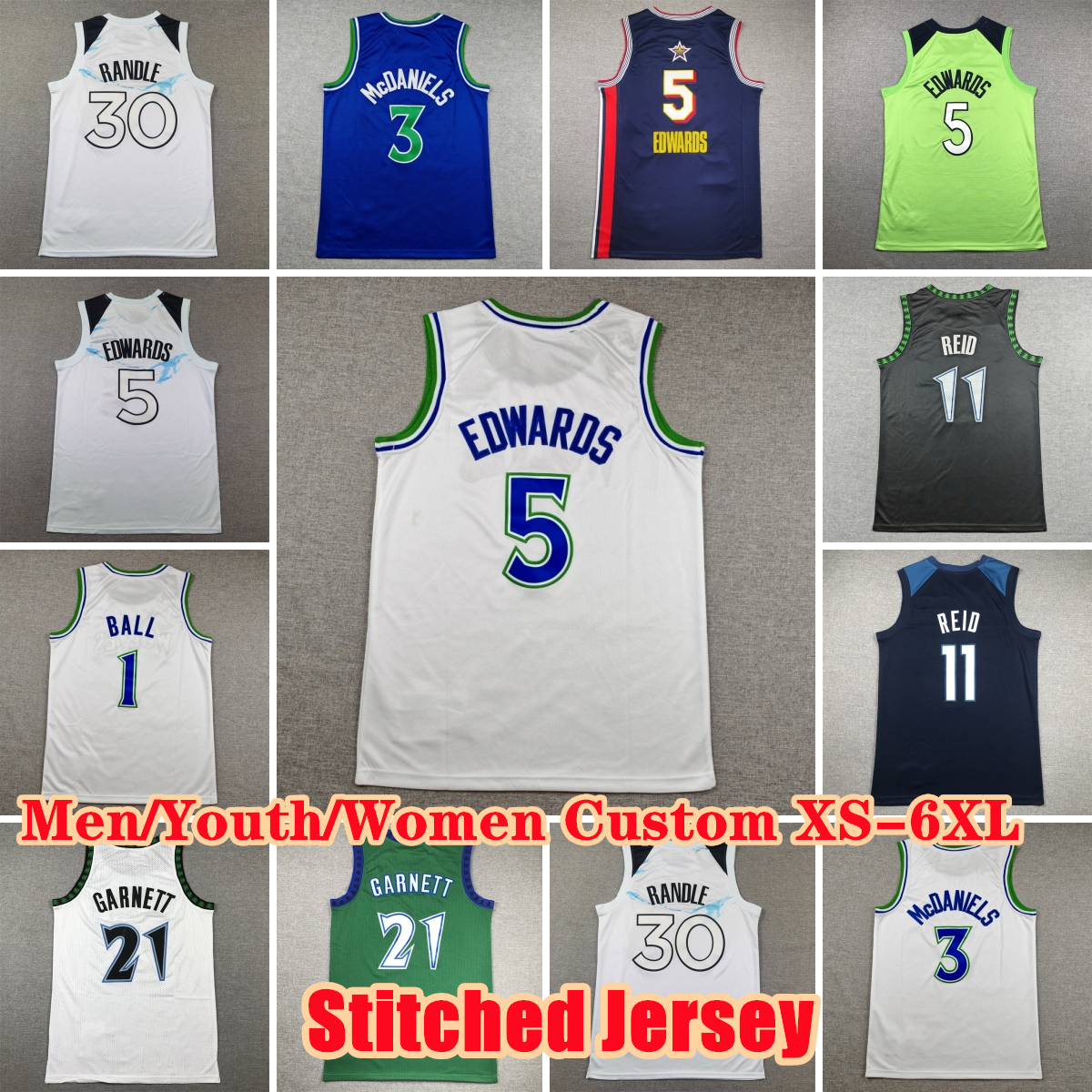 Custom Stitched XS-6XL 2026-27 New Season Baseball Jerseys 5 Anthony Edwards 1 LaMelo Ball 3 Jaden McDaniels 21 Garnett 11 Naz Reid 30 Julius Randle