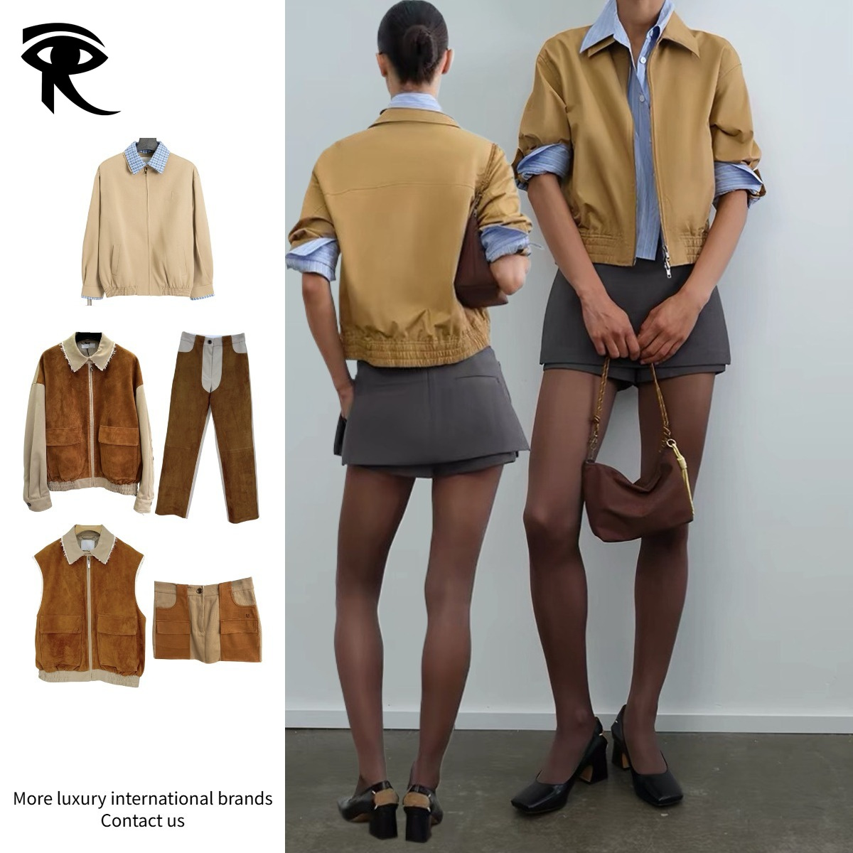 2026 Italy Fall Winter Women Vintage Contrast Suede Collar Jacket Set Two Way Zip Crop Coat Drawstring Skort Two Piece Outfit Autumn Winter Top