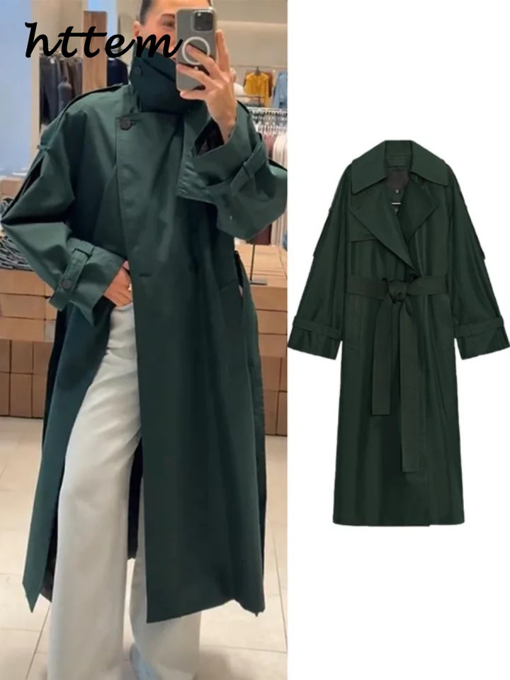 Casual Women's Long Trench Coat With Belt Loose Stand Collar Full Sleeve Double Breasted Coats 2026 Autumn Lady 260929