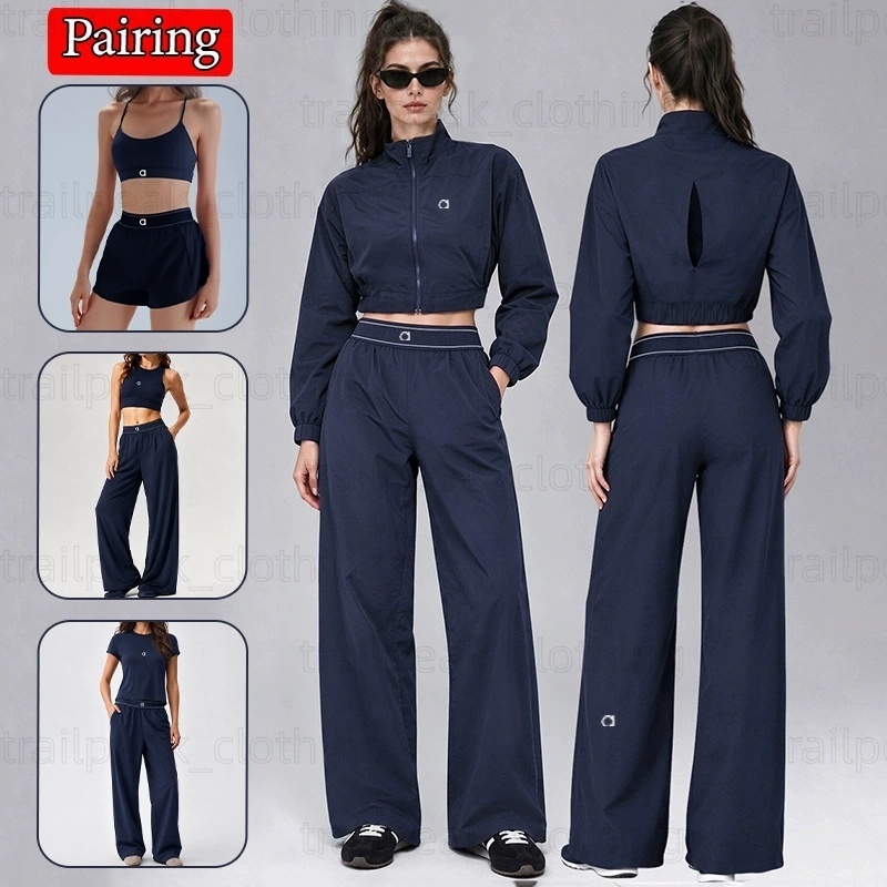 Aloismitys Womens Yoga Sets Straight-Leg Sports Pants Jackets Set Cropped Yoga Top Round Neck and Short Sleeves Outdoor Sports Suit