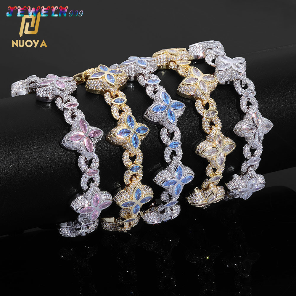 NUOYA Fine Jewelry Silver Plated Cuban Link Bracelet Colorful Eye Moissanite Iced Out Diamond Four Leaf Clover Cuban Chain Bracelet