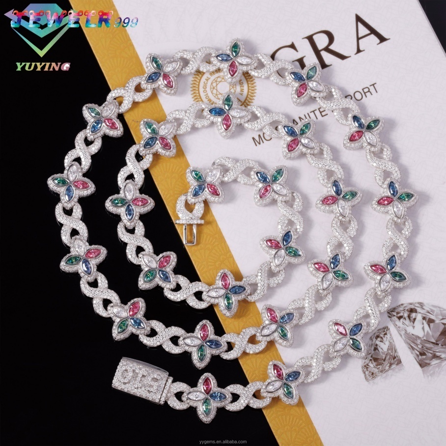 2027Fashion Hip Hop Jewelry Gold Plated 925 Sterling Silver Colored Moissanite Diamond Four Leaf Clover Necklace Cuban Link Chain