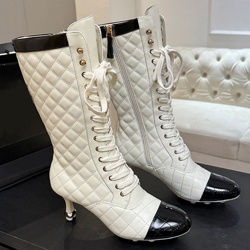 Women Luxury Color Blocking Baotou Mid Calf Boots Premium Diamond Grid Quilting Leather Lace Up Boots Autumn Winter Dinner Banquet Outfit