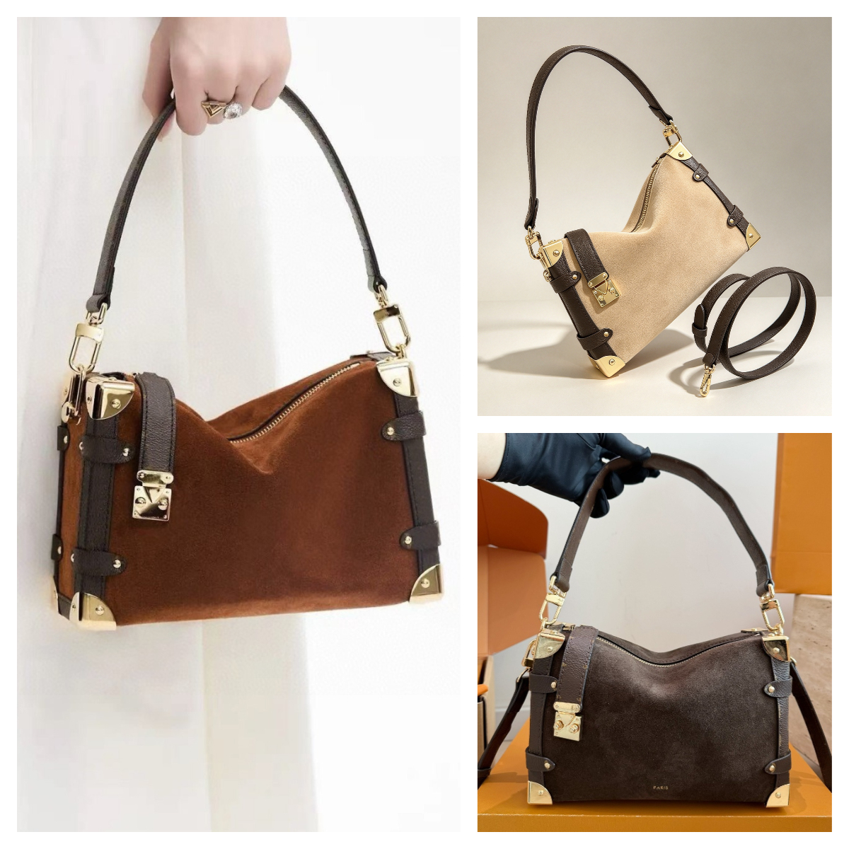 Luxury Designer Vintage Trunk Suede bag Underarm Shoulder Bag Women Elegant Casual Box Style Crossbody Handbag Soft Trunk bag Metal Corner Hardware