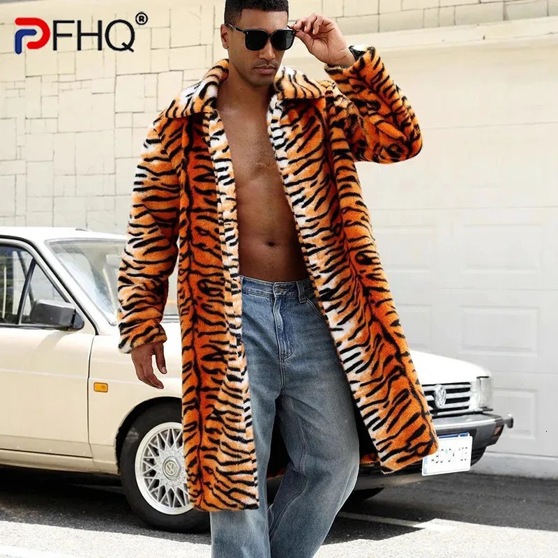 PFHQ Tiger Print Men's Faux Fur Coat Autumn Winter TurnDown Collar Long Sleeve Warm Overcoat Stylish Loose Menswear 21P1285 261008