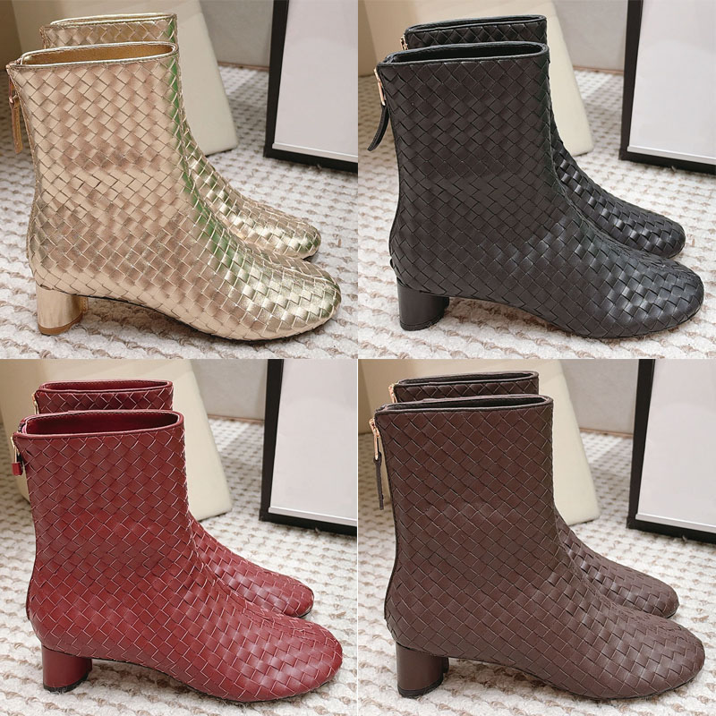 Luxury Cherry Ankle Boot Women Designer Lingling Lambskin Knitted Ankle Boots Simple Square Heel Side Pulling Party Wearing Eye catching Fashion Boo