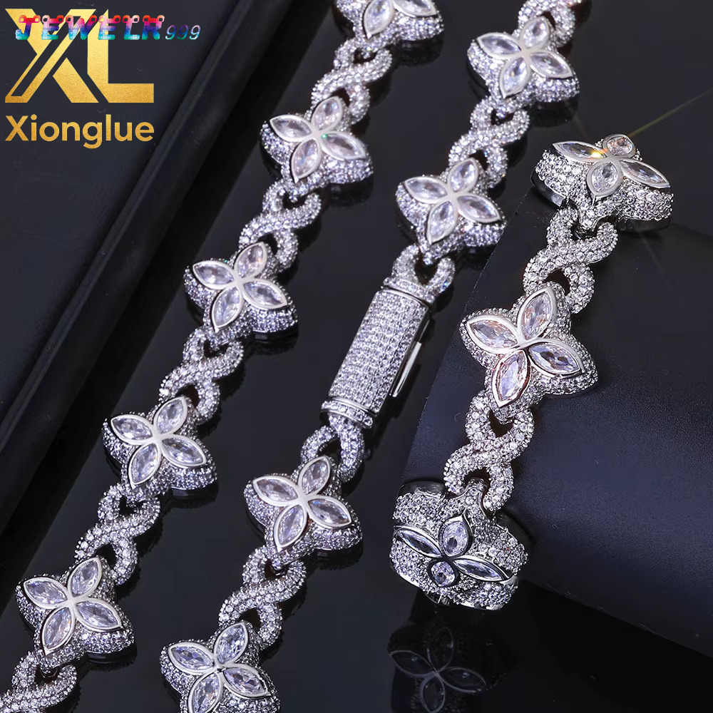 Factory Wholesale Custom Stock Unisex Fine Jewelry Floral Chain Copper Moissanite Claw Setting Stones HipHop Link Chain Necklace