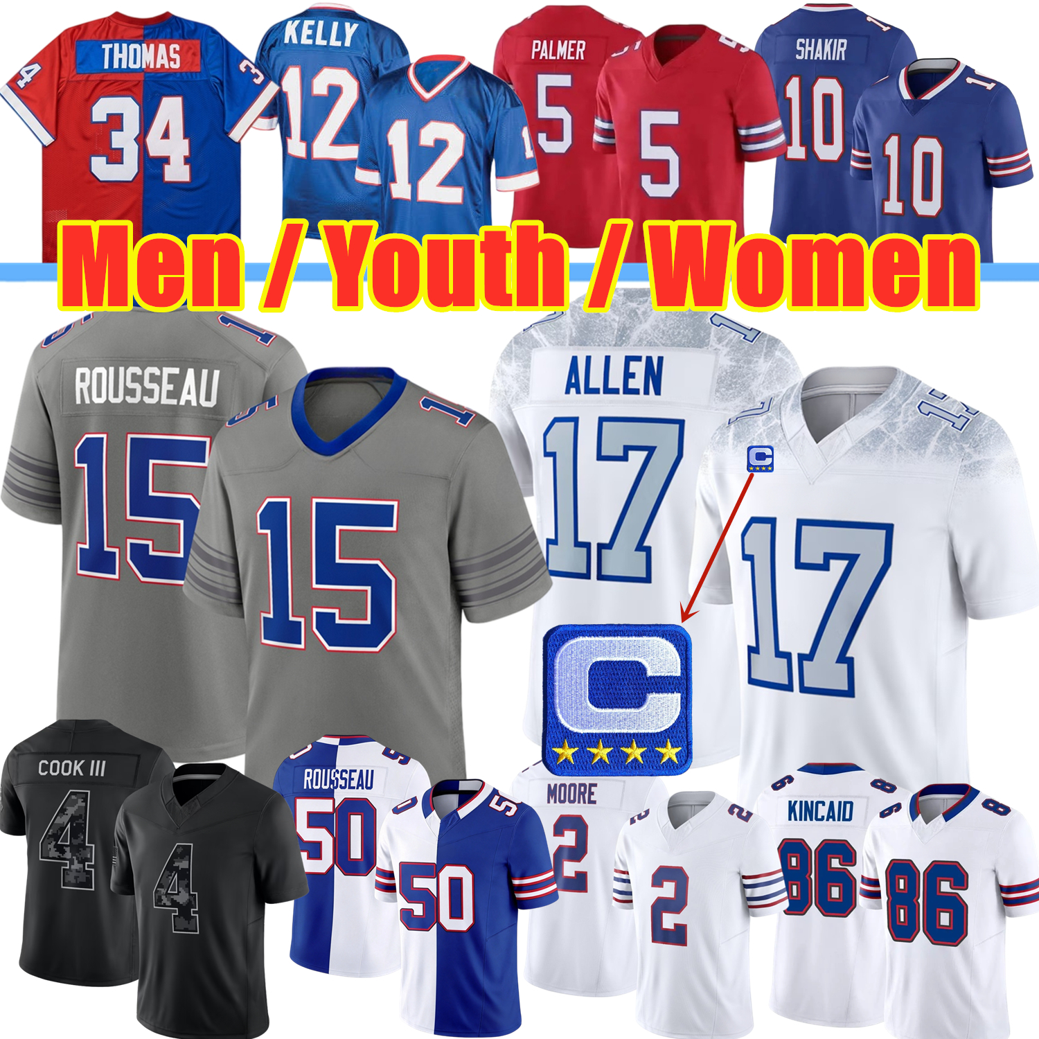 BillsS Football Jersey Josh Allen Greg Rousseau James Cook III Dalton Kincaid DJ Moore Keon Coleman Khalil Shakir Joshua Palmer Gardner-Johnson Bish