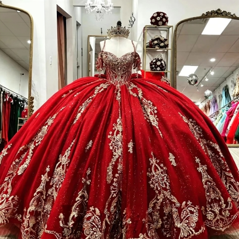 Red Glitter Quinceanera Dresses Off Shoulder Ball Gown Sweet 16 Dress Gold Applique Lace Beading Crystal Bow Tull Party Birthday Vetidos 15 de anos