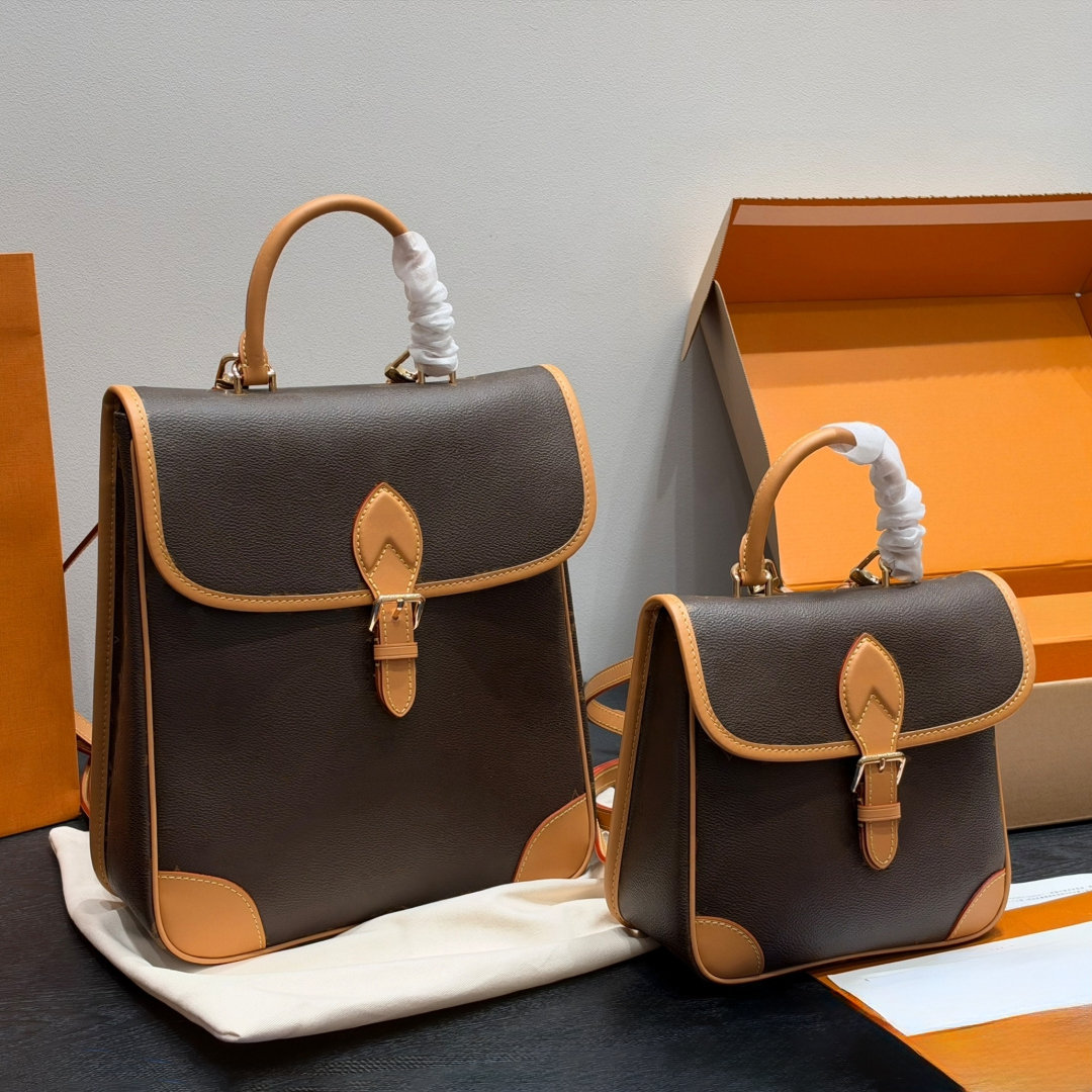 Sac à dos de luxe de styliste pour femme, sac imprimé marron vintage, garniture en cuir véritable, boucle à rabat, poignée supérieure, sac à dos,