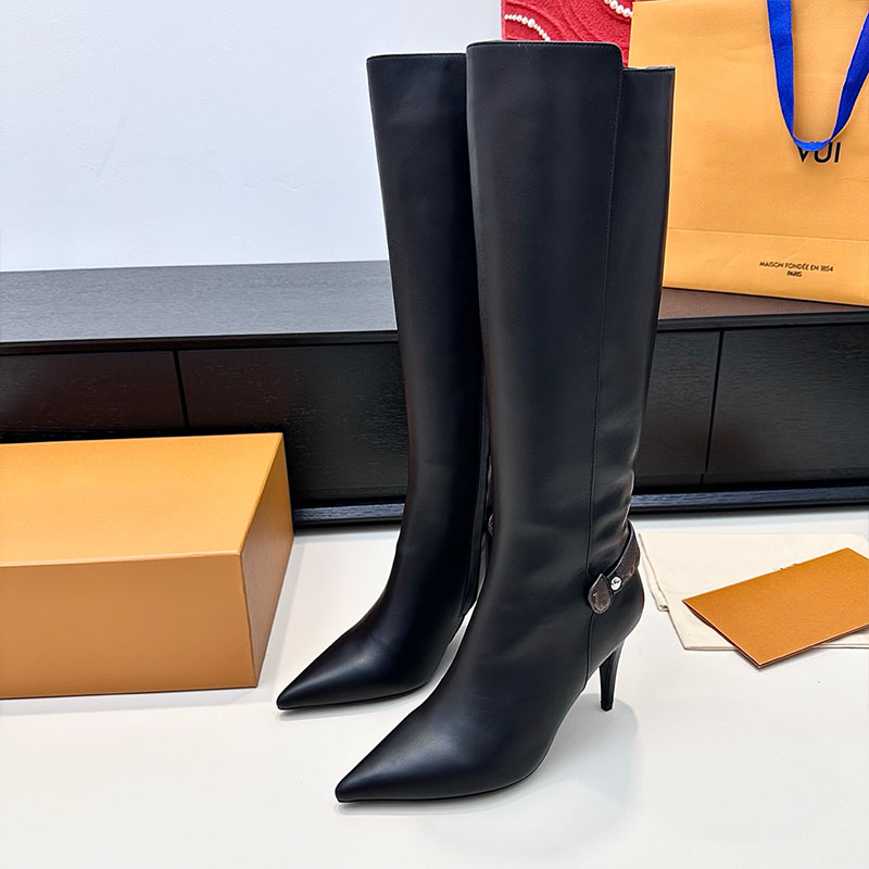 Legacy High Boot Luxury Winter Elegance Knee Boots Ladies Velvety Suede Calf Leather Boots Designer Pointed boots Womens Shape Trunk Handle Runway b