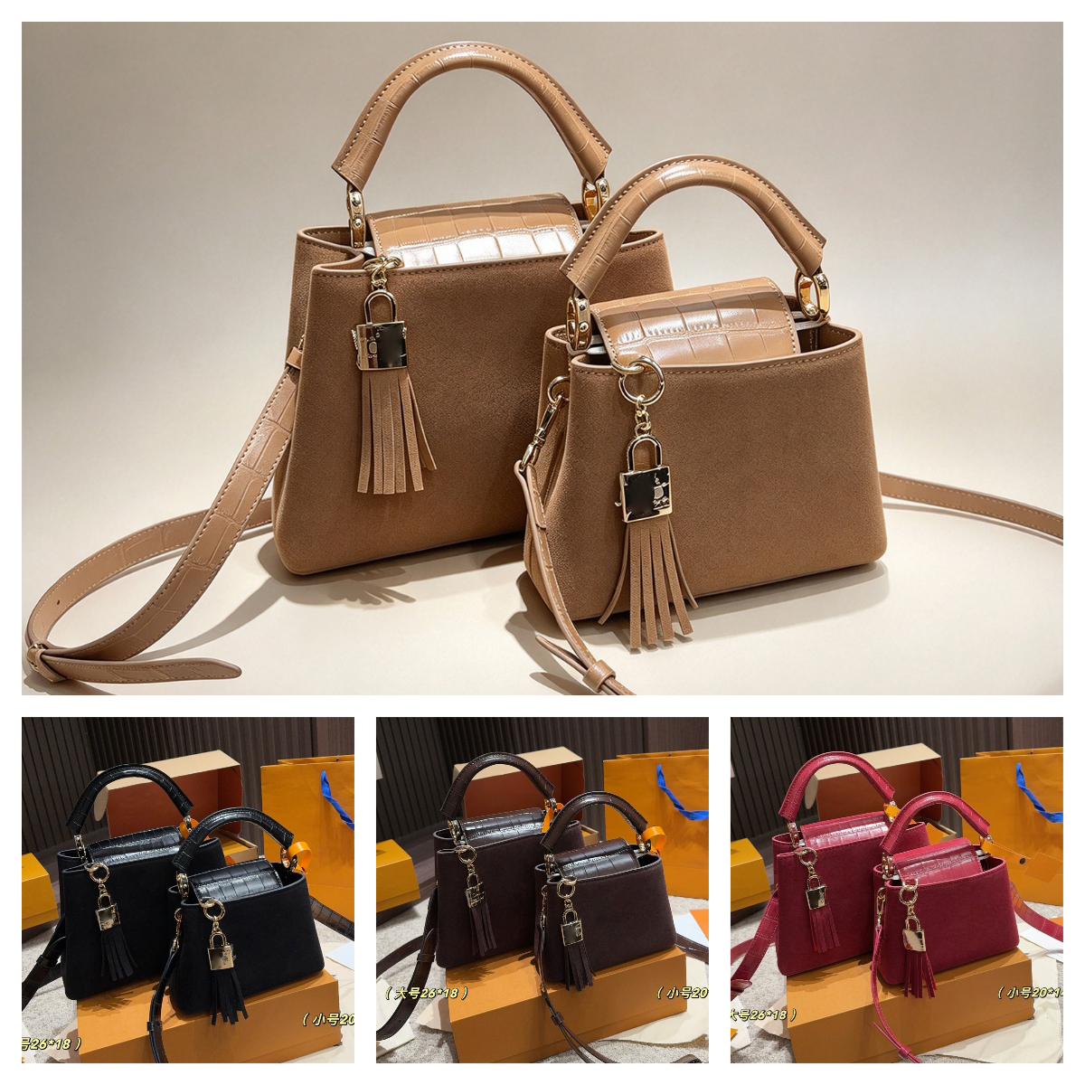 Elegant Ladies Party Evening Tote bag Designer Suede bag Top Handle Crossbody bag Crocodile Leather Luxury Tassel Charm Shoulder handbag Croc Trim T