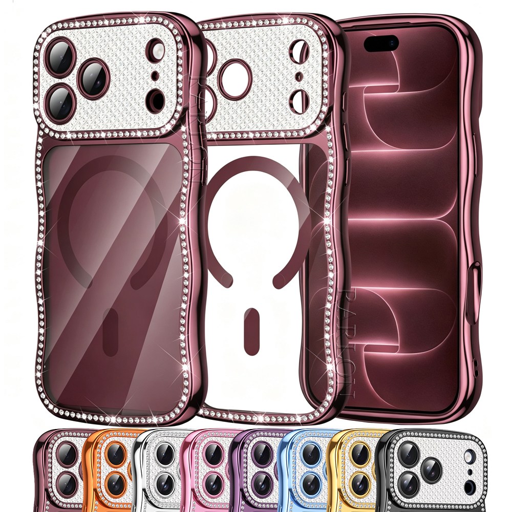 Clear TPU Case Cute Curly Wavy Frame with Bling Rhinestones Compatible with MagSafe Luxury Plating Cases Women Girls For iPhone 18 Pro Max 17 16 15