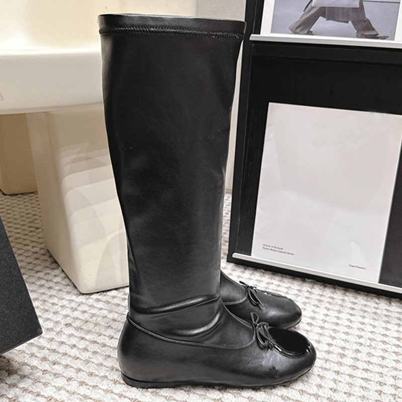 High Quality Designer Womens Round Head Elastic High Boots Luxurious Black Calf Leather Bowknot Decoration High boots Womans Outdoor Daily Wear Elas