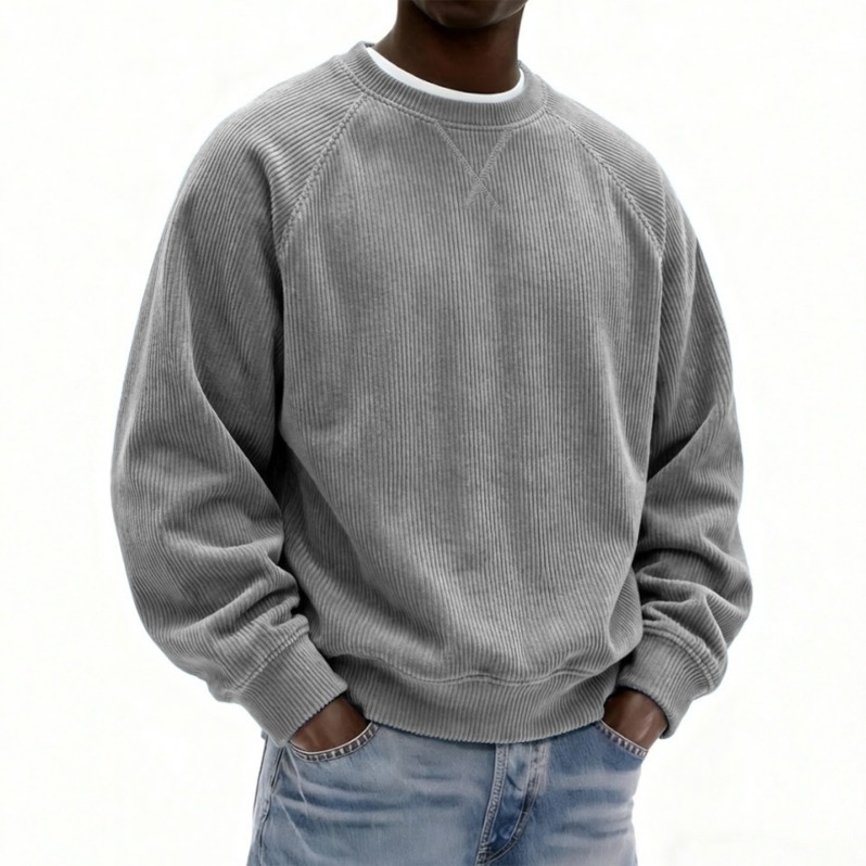 Sweat-shirt à col rond en flanelle de couleur unie pour hommes, pull à manches longues en peluche douce, hauts basiques décontractés à coupe ampl