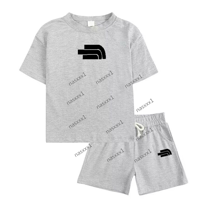 T-shirt gris à manches courtes pour enfants, 100% coton, hauts et Shorts, vêtements de loisirs à la mode, ensembles à col rond pour garçons et fi