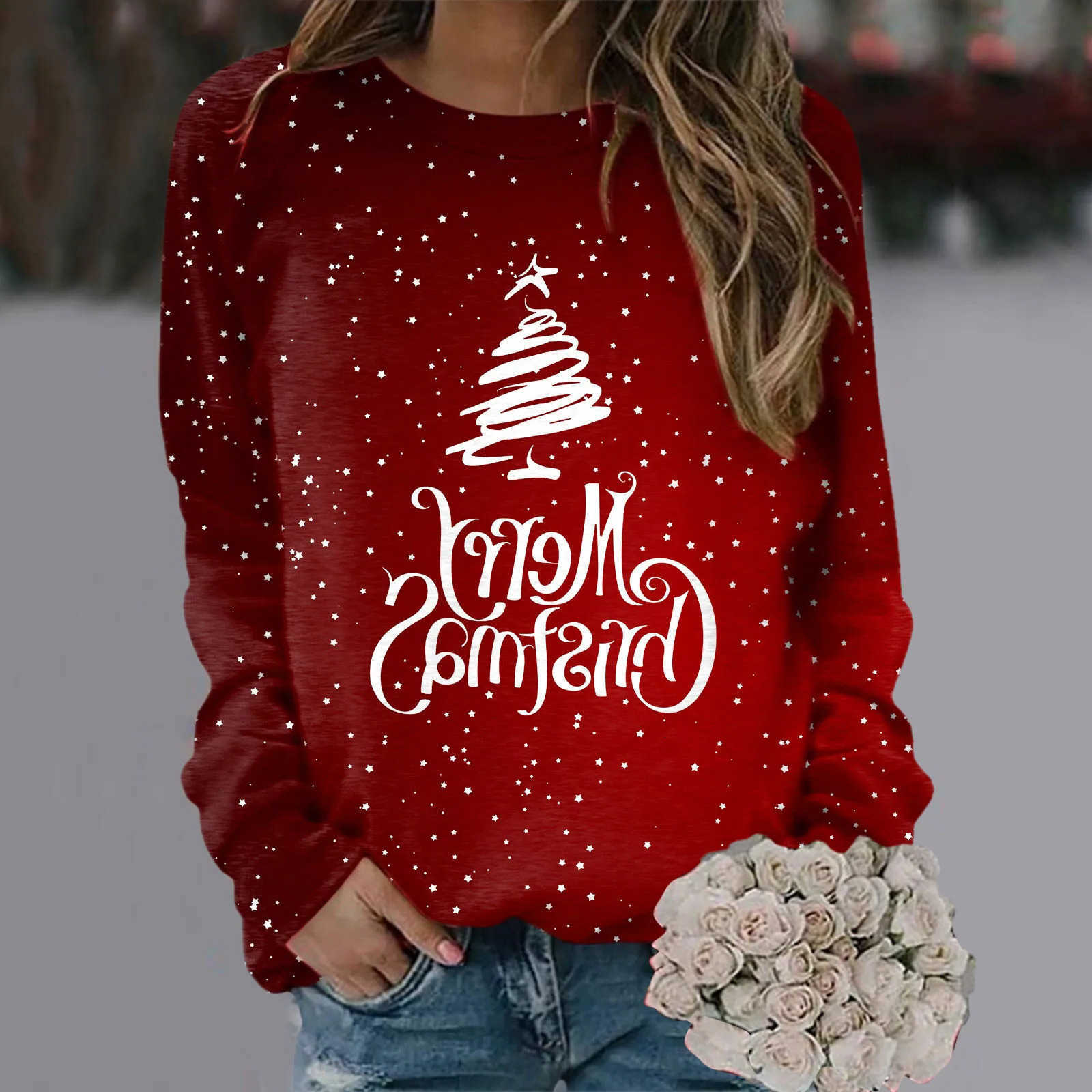 Womens Pullover Graphic Hoodie Womens Daily Happy Christmas Printed Sweater Round Neck for Pullover Sweater S261012WIV6