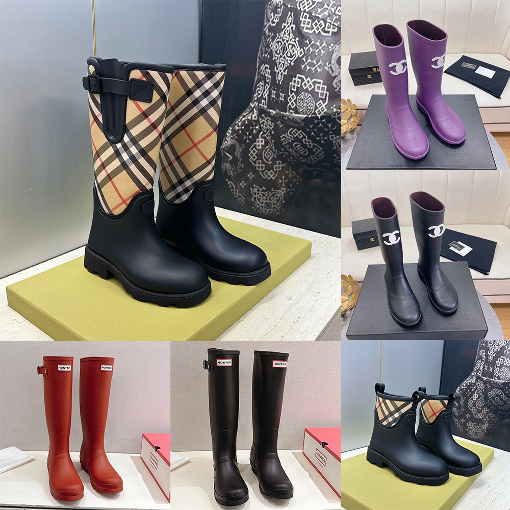 Designer Vintage Plaid Check Sock Boots Women Fashion Rubber Marsh Stamp High Boots Waterproof Rain Boots Block High Heels Party Daily Women Shoes F