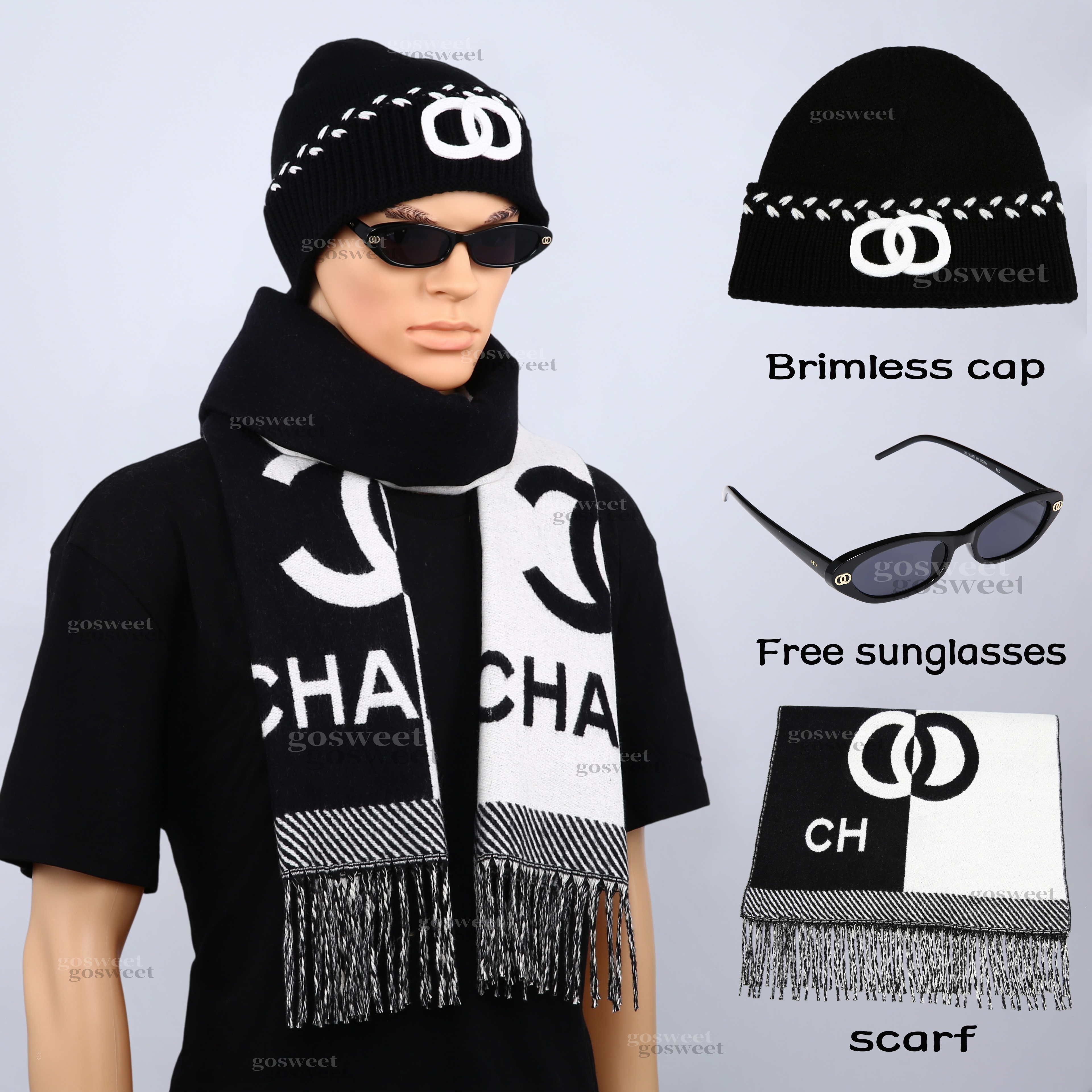 Three-Piece Set Knitted Cuffed Beanie and Scarf Set Double Half-Ring Motif Striped Hat Trim Diamond Lattice Scarf Casual Fashion Accessories with Fr