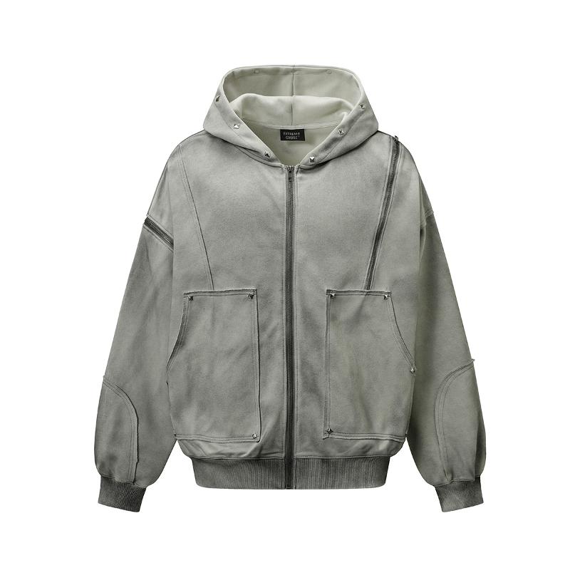 Felpa con cappuccio con zip effetto vissuto lavato unisex di design streetwear Felpa casual oversize ampia hip-hop per uomo donna