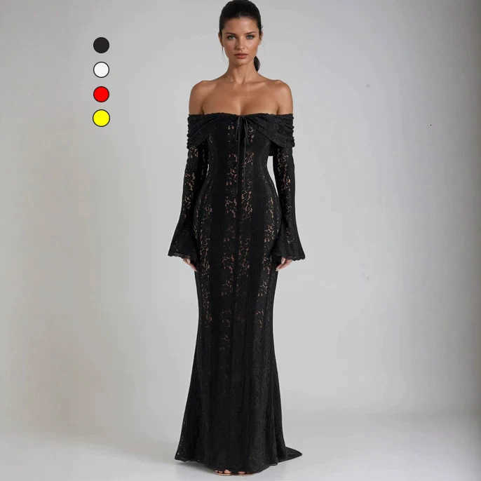 Casual Dresses Lace cutout off-shoulder bell-sleeve bodycon dress elegant and sexy strapless waist-cinching evening gown L2610124147