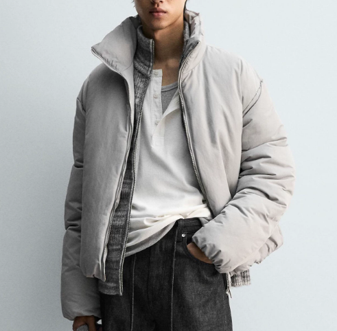 Men's Winter Warm Nylon Padded Jacket Loose Stand Collar Zip Up Long Sleeve Thick Outerwear Casual Solid Color Coat