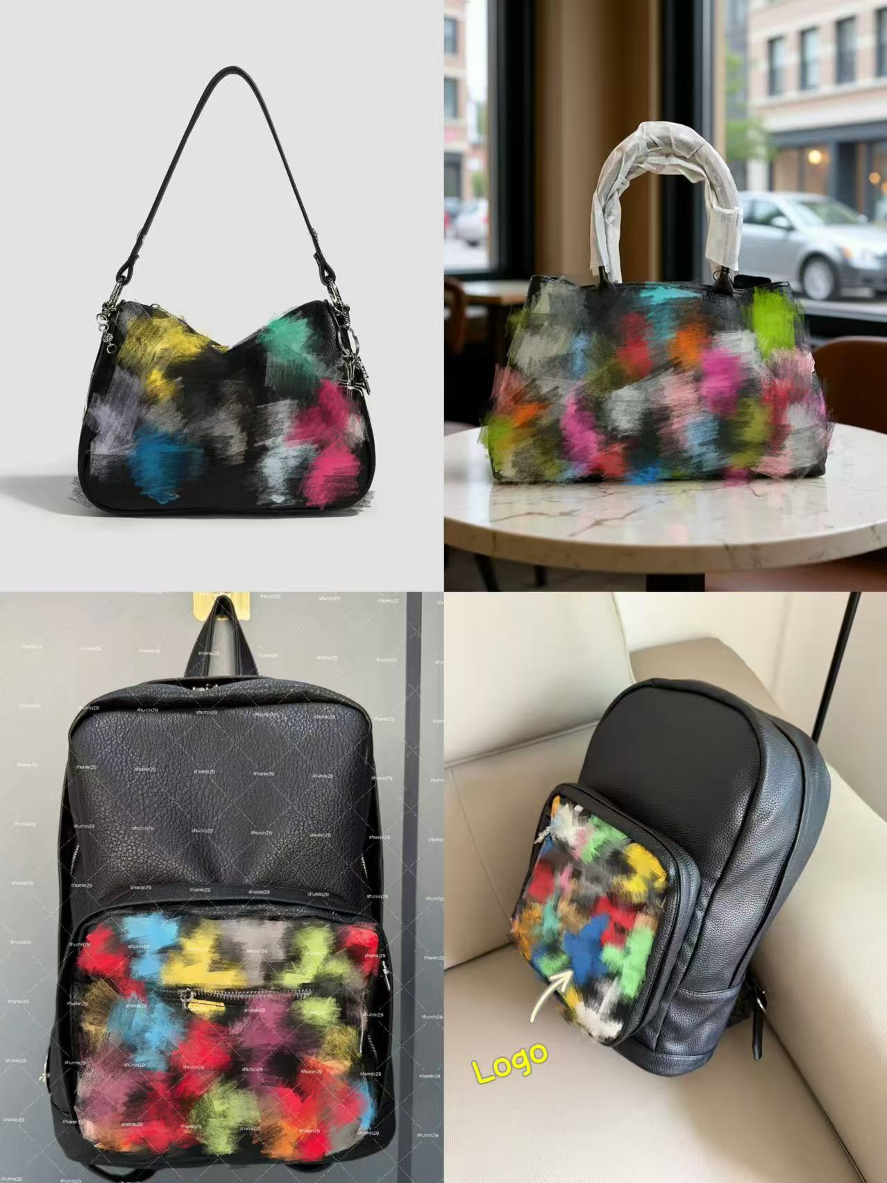 High-end lychee-patterned soft leather patchwork backpack with contrasting colors, featuring a retro design, large capacity, and a fashionable, tren